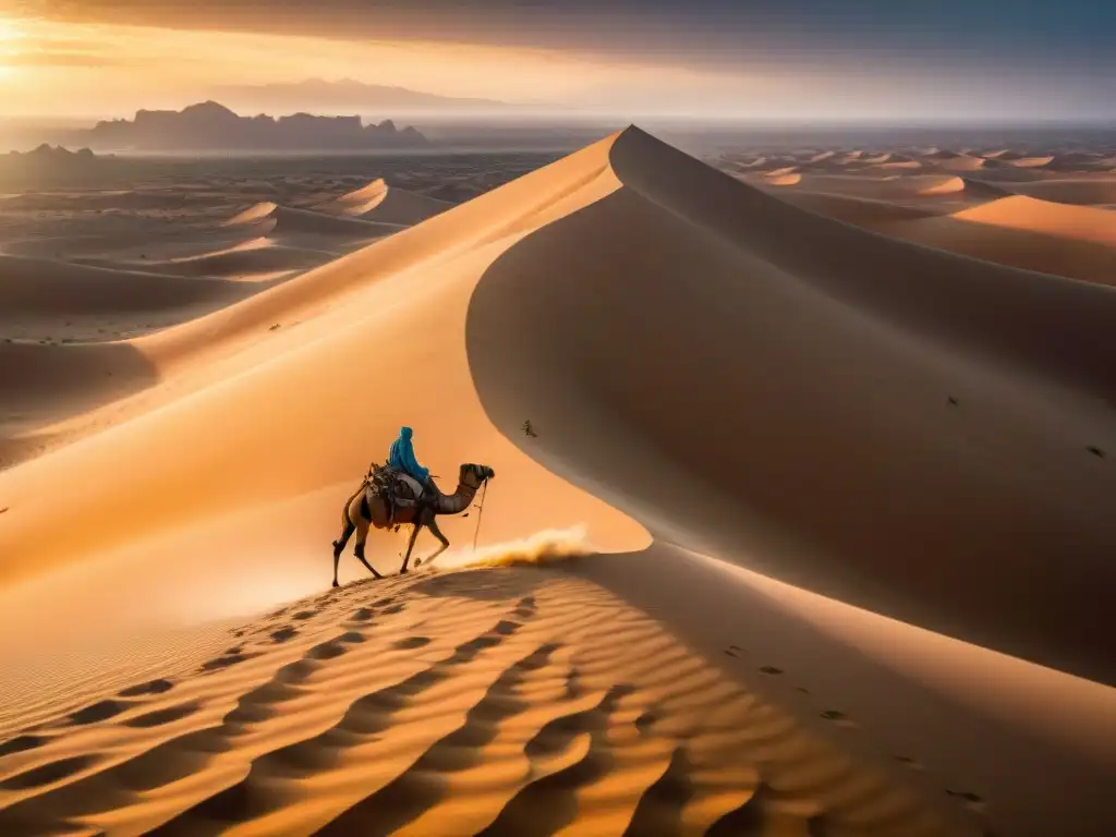 Ibn Battuta explorando las antiguas rutas comerciales africanas en el desierto del Sahara al atardecer, rodeado de camellos y nómadas