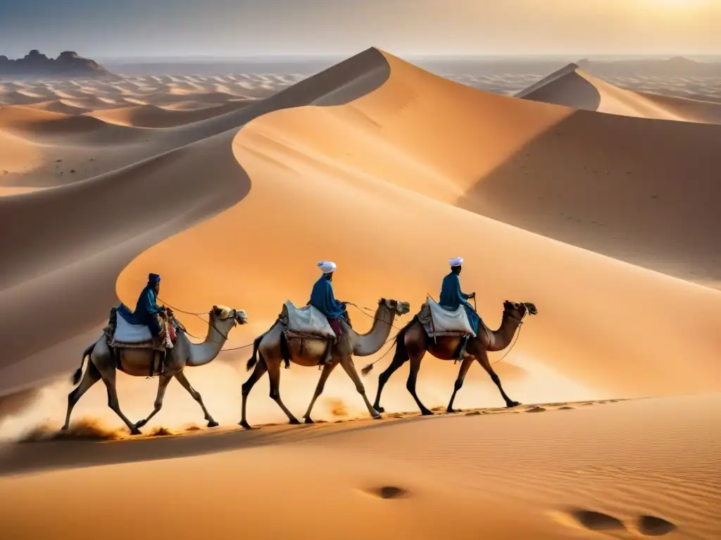 Un antiguo grupo de tuaregs lidera una caravana de camellos por el desierto del Sahara, evocando las históricas rutas comerciales transaharianas