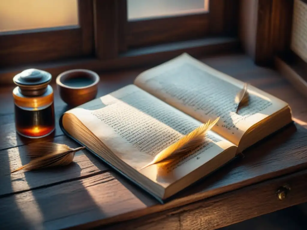 Antiguo manuscrito árabe en mesa de madera, iluminado por luz filtrada, rodeado de plumas antiguas, tinteros y mapas desgastados