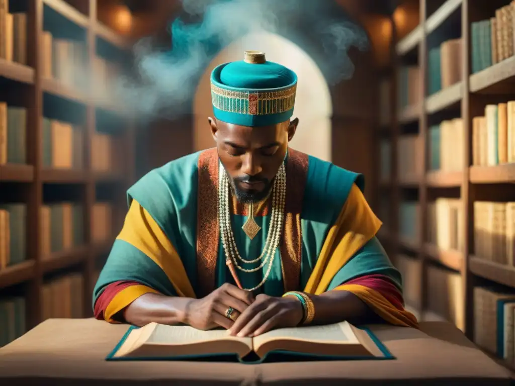 Antiguo manuscrito de Tombuctú con caligrafía árabe y coloridas ilustraciones en biblioteca misteriosa