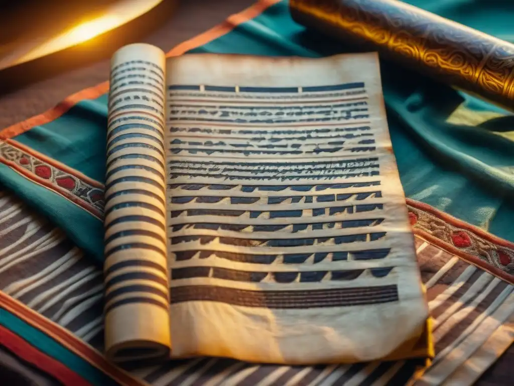 Antiguo manuscrito de Tombuctú con caligrafía intrincada y desgaste, sobre tela africana, evocando historia y sabiduría