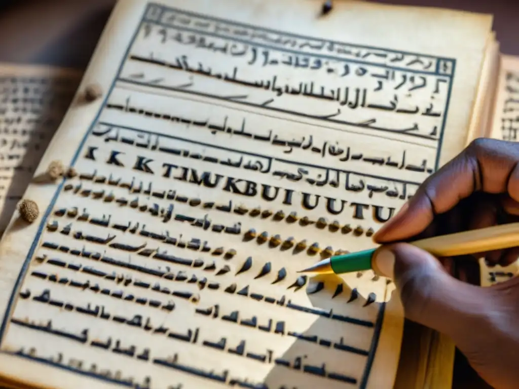 Descubre el legado matemático de Timbuktu en este antiguo manuscrito Antiguo manuscrito de Timbuktú con complejas figuras geométricas y cálculos matemáticos, rodeado de instrumentos de estudio