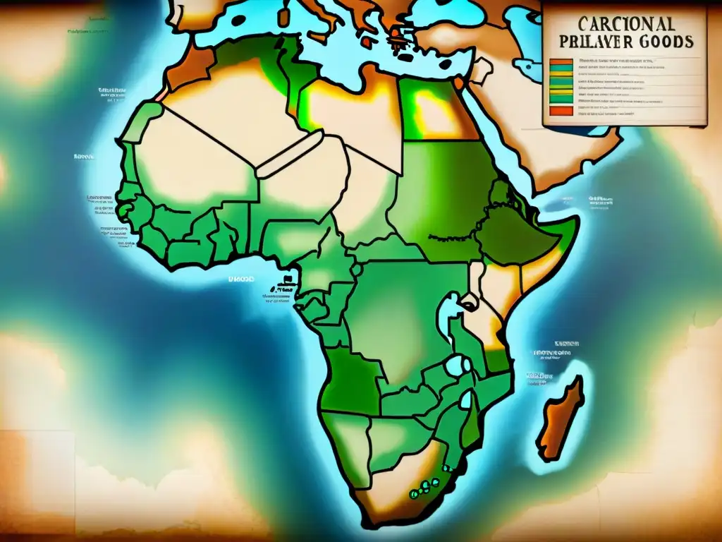 Un antiguo mapa detallado de África precolonial con rutas comerciales, esclavitud y anotaciones en tonos terrosos