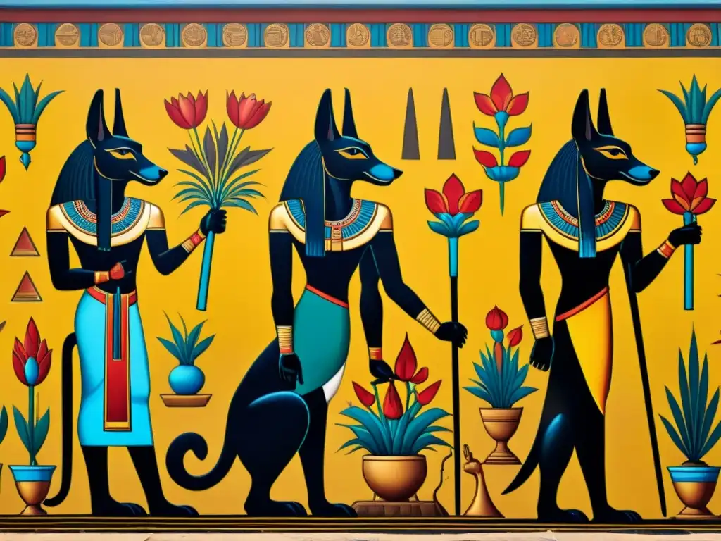 Antiguo mural egipcio de Anubis con adoradores y pirámides bajo el sol dorado