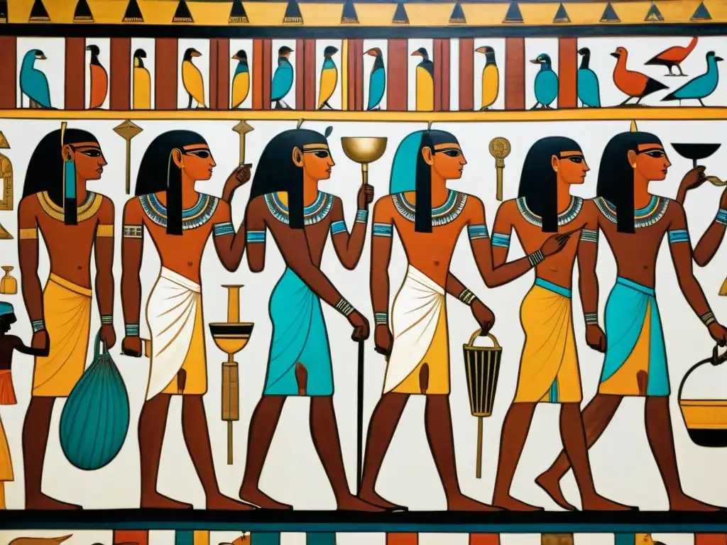 Antiguo mural egipcio de un bullicioso mercado en Tebas, mostrando intercambios entre Egipto y Nubia