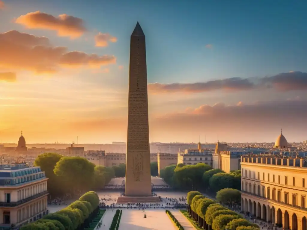 Obelisco del Luxor: poder y cultura en París El antiguo Obelisco de Luxor en París destaca al atardecer, fusionando historia y modernidad