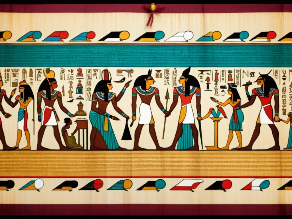 Antiguo papiro egipcio detallando diplomacia en el antiguo Egipto con colores vibrantes y escenas políticas
