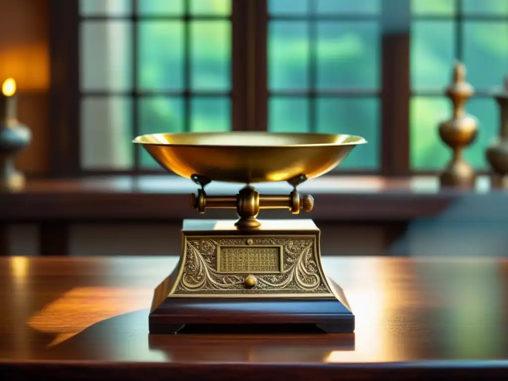 Antiguo peso de oro africano en una mesa de madera iluminado por luz natural, reflejando intercambio y crédito en África