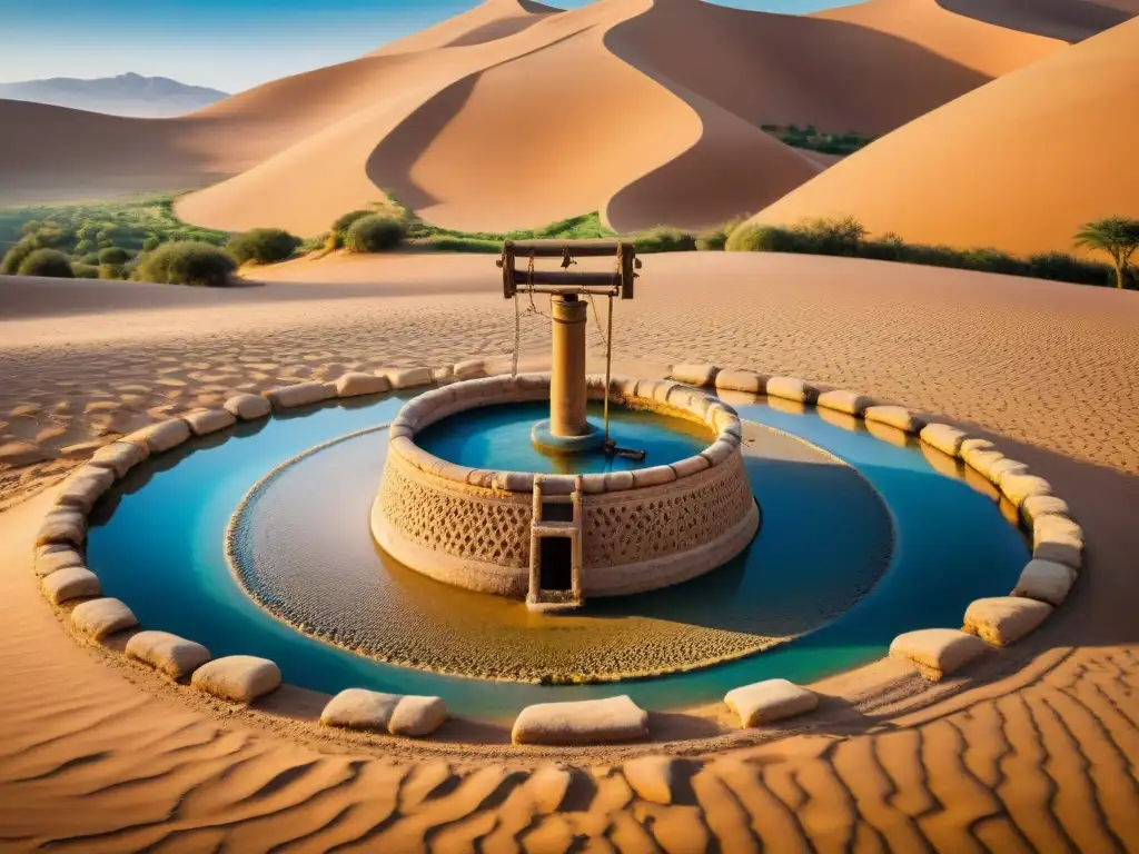 Un antiguo pozo de agua de piedra bereber en el paisaje desértico, mostrando su ingeniería y belleza