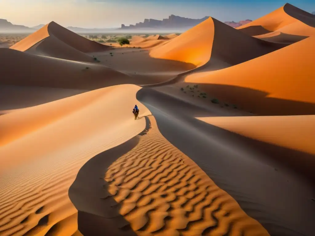 Antiguo sistema de irrigación en el Sahara: intrincados canales de piedra serpenteando en el árido paisaje desértico, bajo un cielo azul claro