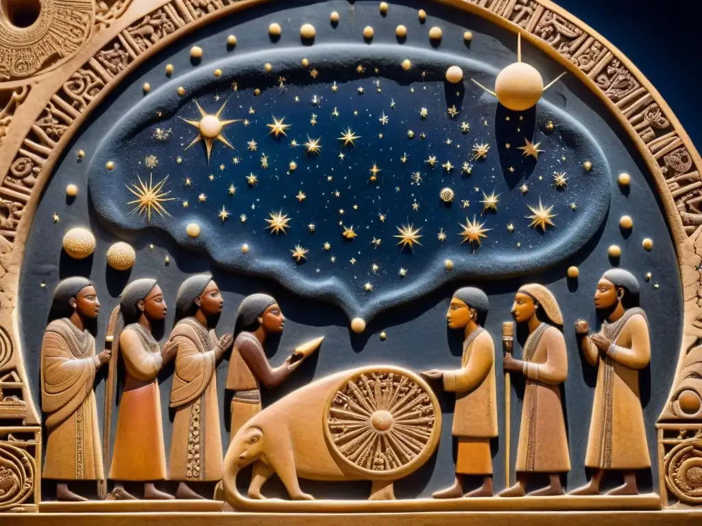 Antiguos astrónomos del Cuerno de África tallados en piedra, estudiando el cielo estrellado con sabiduría y curiosidad