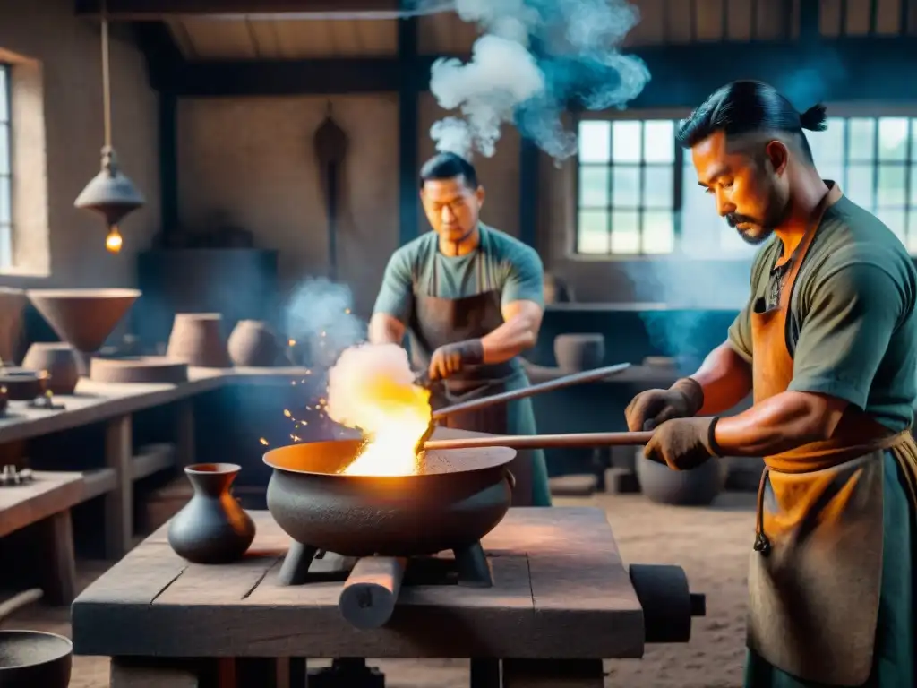 Antiguos blacksmiths de Nok forjan herramientas en taller iluminado por el fuego, reflejando la metalurgia hierro antiguo reino Nok