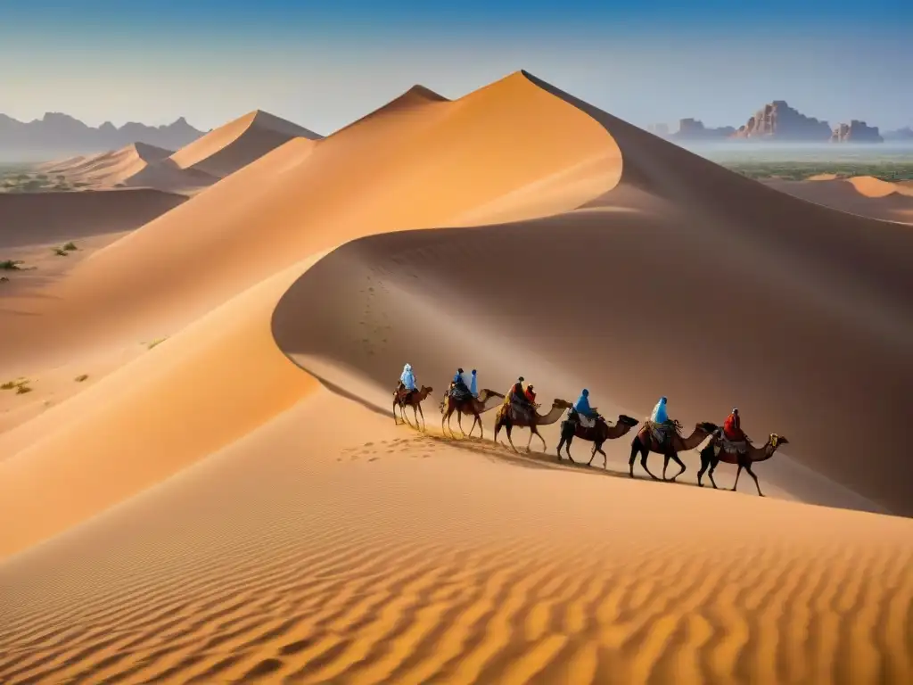 Antiguos comerciantes cruzan el desierto del Sáhara en camellos, guiados hacia un oasis distante