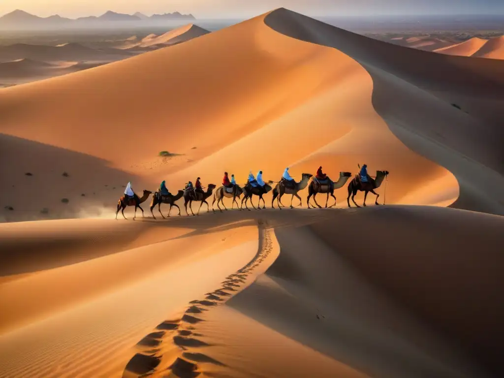 Antiguos comerciantes cruzan el desierto del Sahara en camellos al atardecer