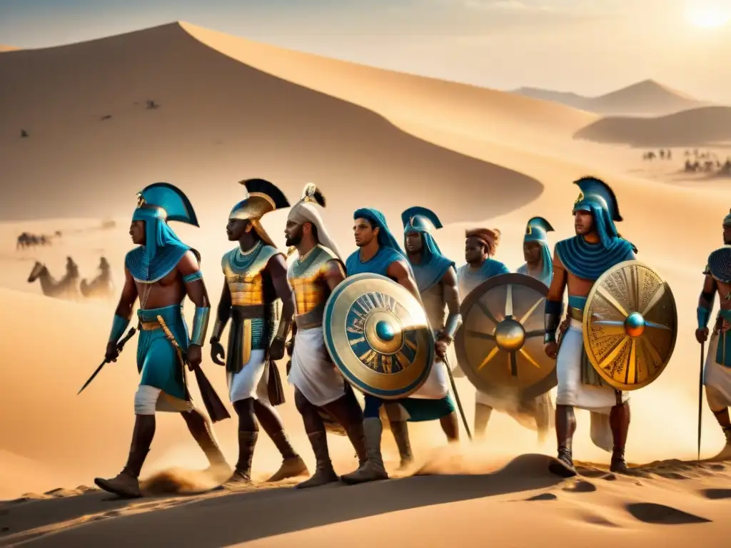 Reunión estratégica de guerreros egipcios y nubios en el desierto Antiguos guerreros de Egipto y Nubia discuten tácticas militares en el desierto