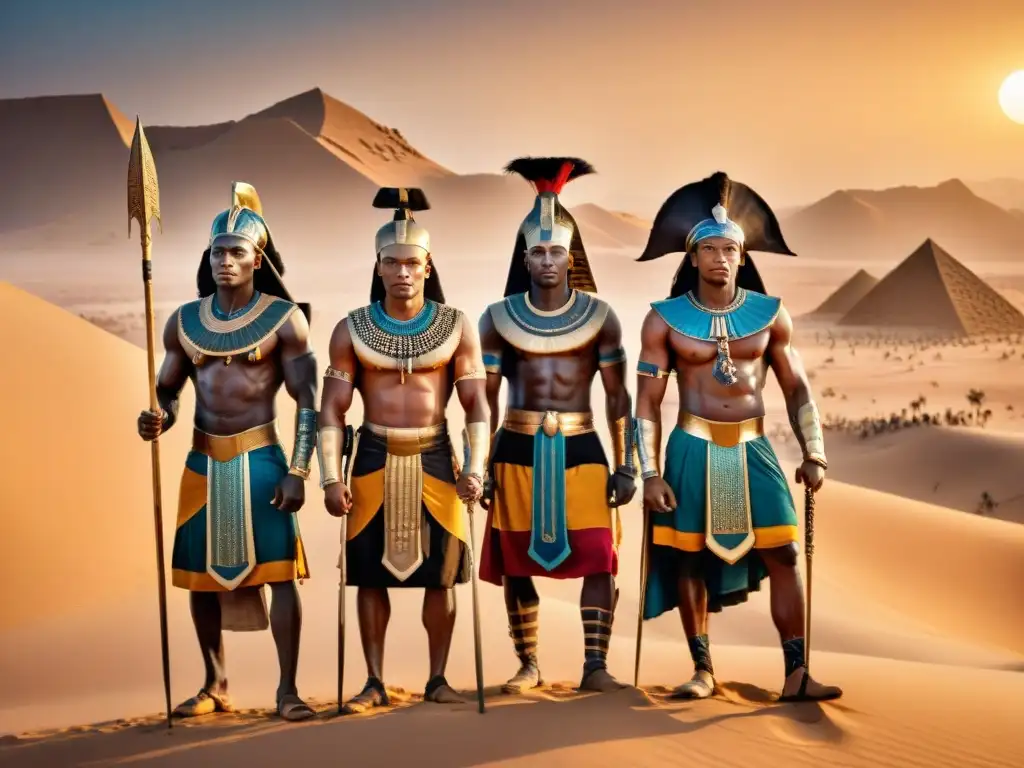 Guerreros Nubios: Tradición en el Desierto Antiguos guerreros nubios en formación táctica en el desierto de Egipto Nubia