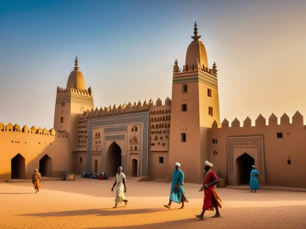 Antiguos imperios africanos revelados: Gran Mezquita de Djenné al atardecer, resaltando su arquitectura en barro bajo la luz dorada