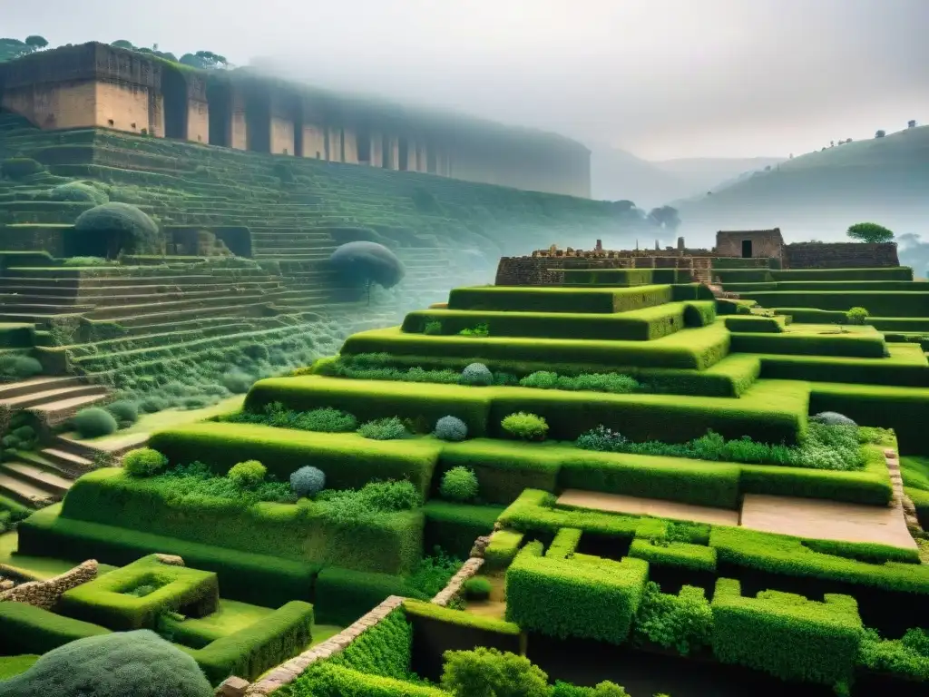 Los antiguos Jardines colgantes de Aksum en ruinas, entre terrazas y sistemas de riego, contrastan con la ciudad moderna