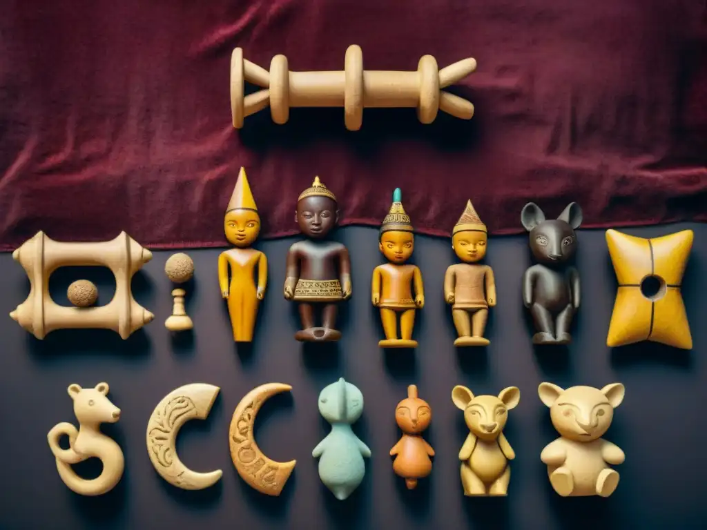 Antiguos juguetes infantiles de civilizaciones africanas: muñecas de madera, figurillas de barro y juegos tradicionales en exposición