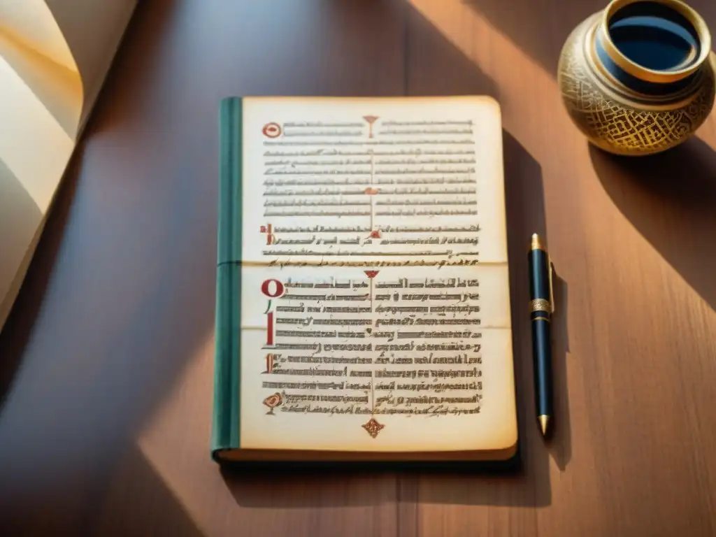 Antiguos manuscritos de Timbuktu: sabiduría en geometría y matemáticas Antiguos manuscritos de Timbuktú con patrones geométricos y ecuaciones matemáticas, iluminados suavemente en una mesa de madera