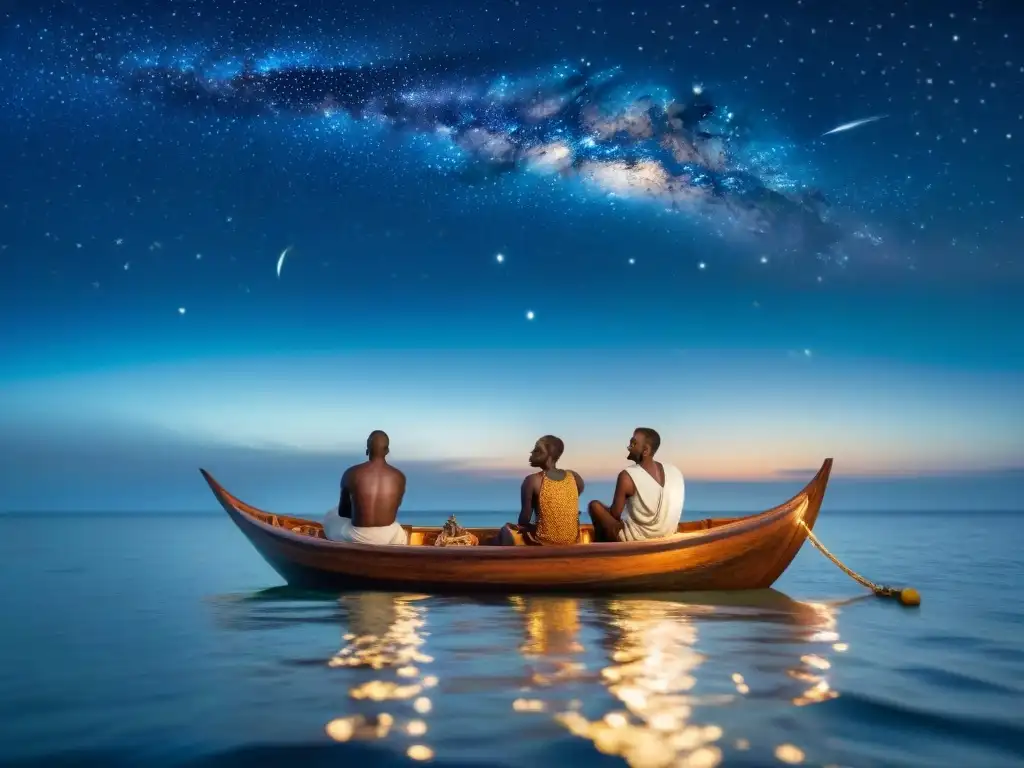 Antiguos navegantes africanos estudiando mapas estelares bajo un cielo nocturno iluminado