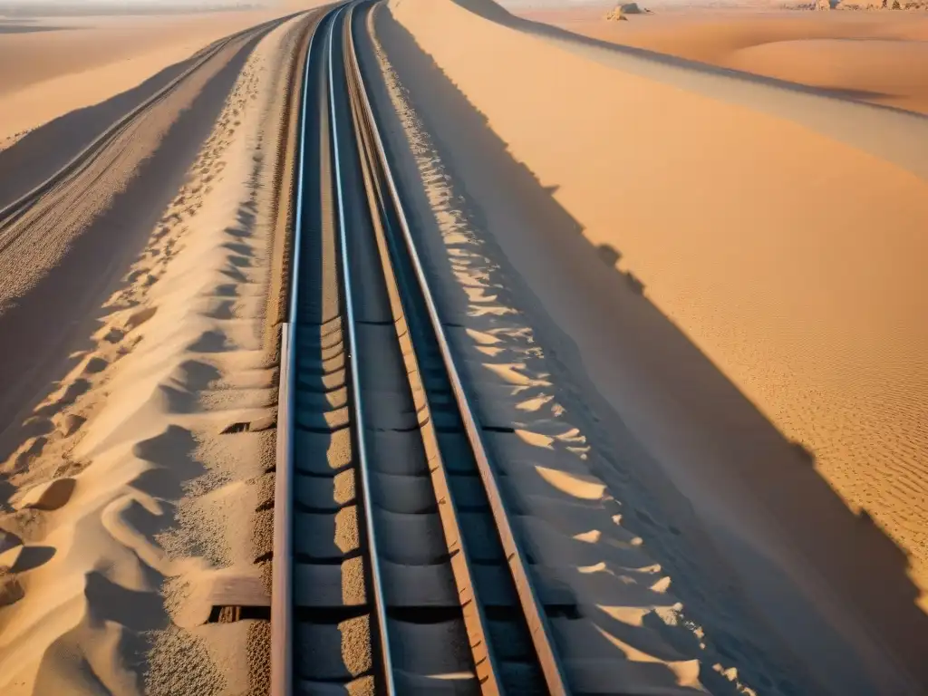 Antiguos raíles de madera en Egipto destacan la artesanía e historia de este sistema ferroviario, con texturas y luz matutina envolvente