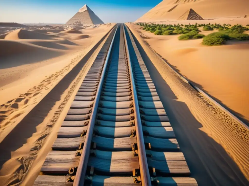 Antiguos raíles de madera en Egipto, con detallados grabados y marcas en su superficie desgastada, bajo el cielo azul del desierto