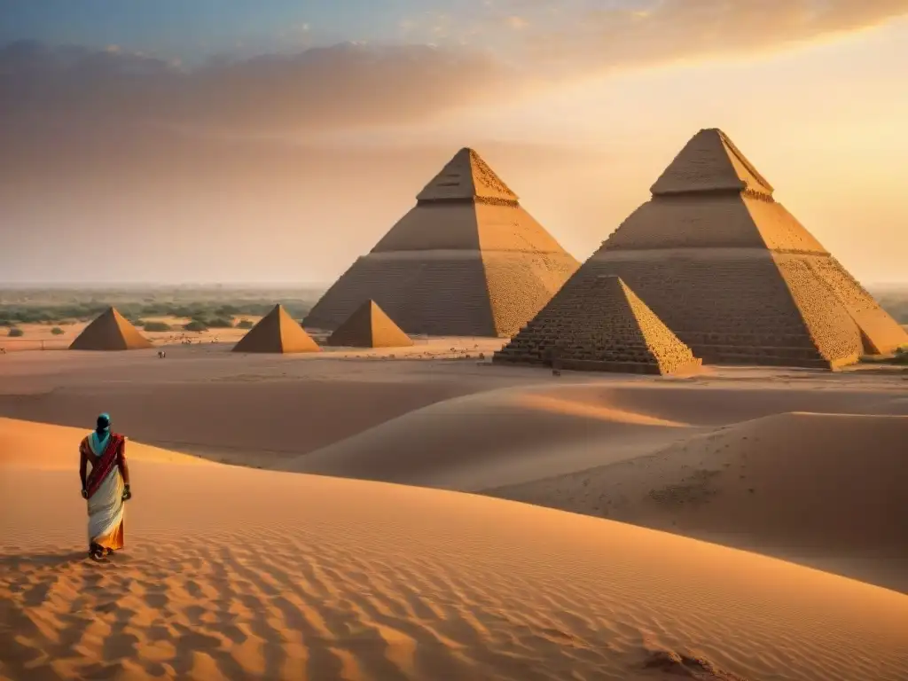 Los antiguos restos de las pirámides de Meroe en Sudán, iluminados por la luz dorada del atardecer, destacan en el desierto