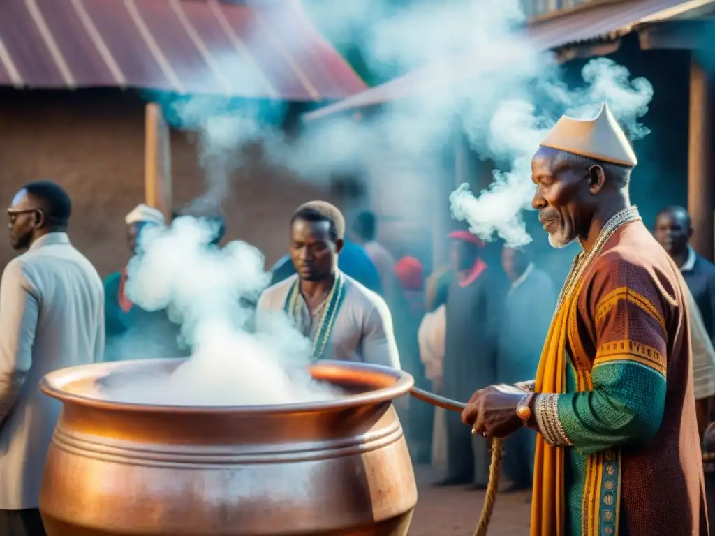 Antiguos saberes en Rituales de destilación en África: ancianos dirigen la destilación en un animado mercado africano