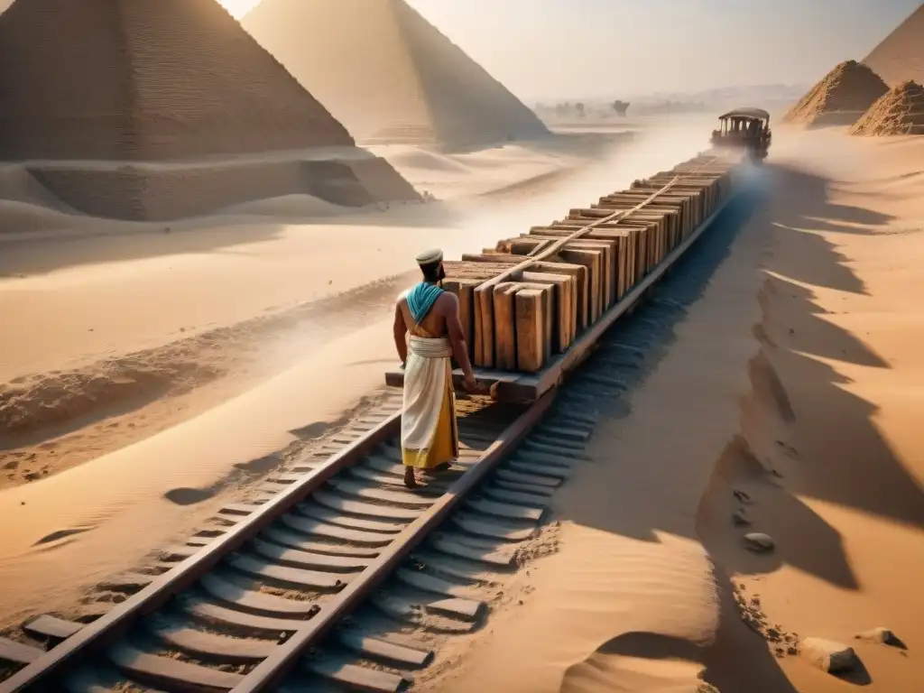 Antiguos trabajadores egipcios transportan raíles de madera bajo el sol abrasador, mostrando la maestría en la construcción de ferrocarriles en Egipto