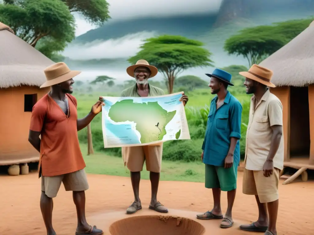 Antropólogos en aldea africana rodeados de naturaleza exuberante, dialogan con anciano sobre un mapa, mientras niños curiosos observan