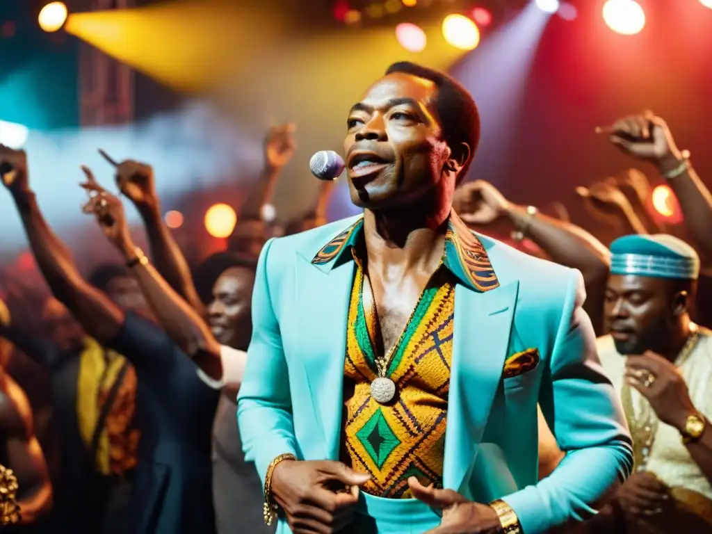 Apasionante actuación de Fela Kuti y su banda, contagiando energía a una multitud diversa en un concierto de Afrobeat