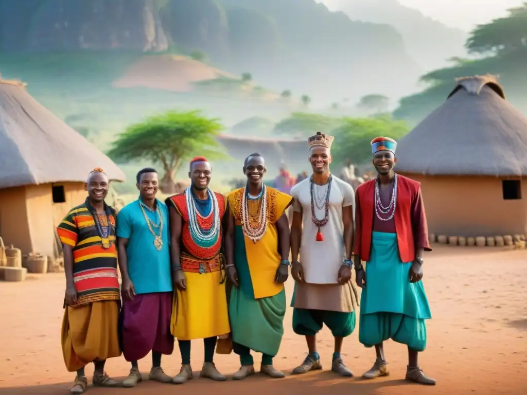 Aplicaciones turismo colaborativo África: Grupo de guías locales africanos en atuendos tradicionales, sonrientes en pueblo tradicional