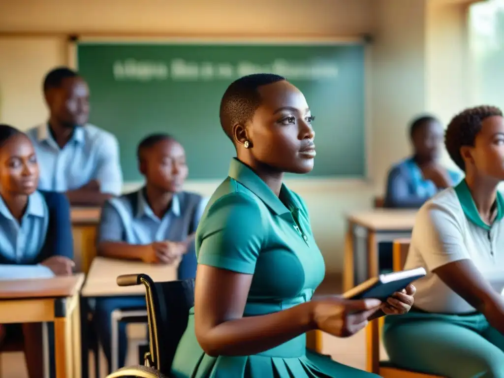 Apoyo a estudiantes con discapacidades en África: Profesor ayudando a alumnos con diversidad funcional en aula inclusiva