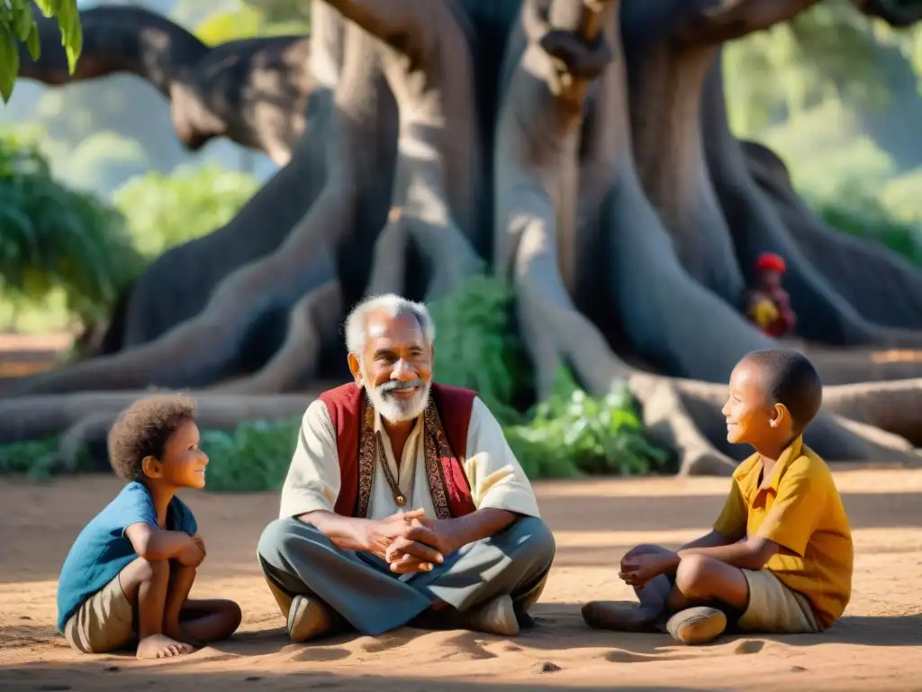 Reunión bajo el árbol ancestral: anciano indígena comparte sabiduría con niños