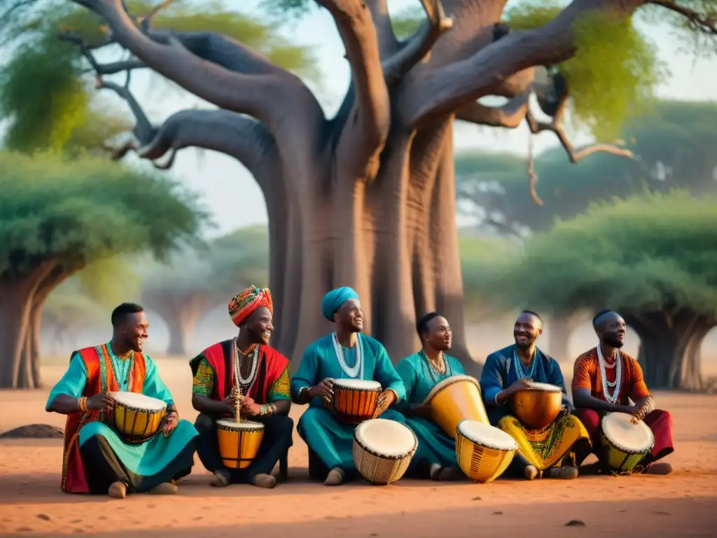 Celebración bajo árbol baobab: músicos africanos tocando djembe, kora y tambor hablador