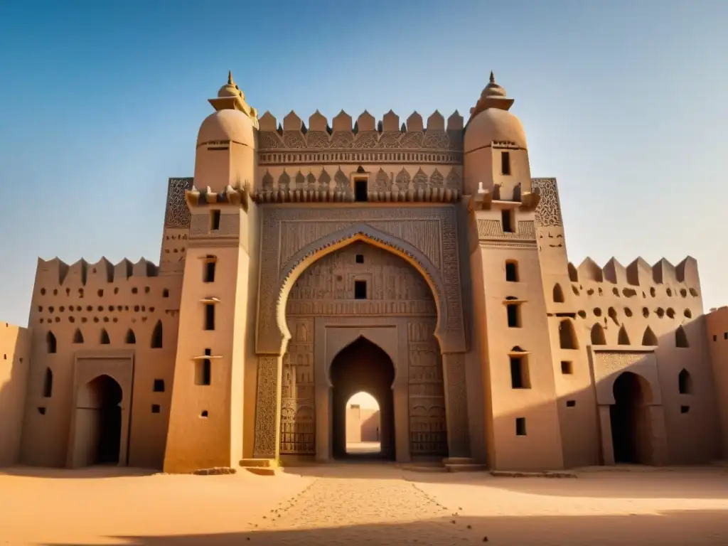 Arco y detalles arquitectura africana en Gran Mezquita de Djenné, significado cultural