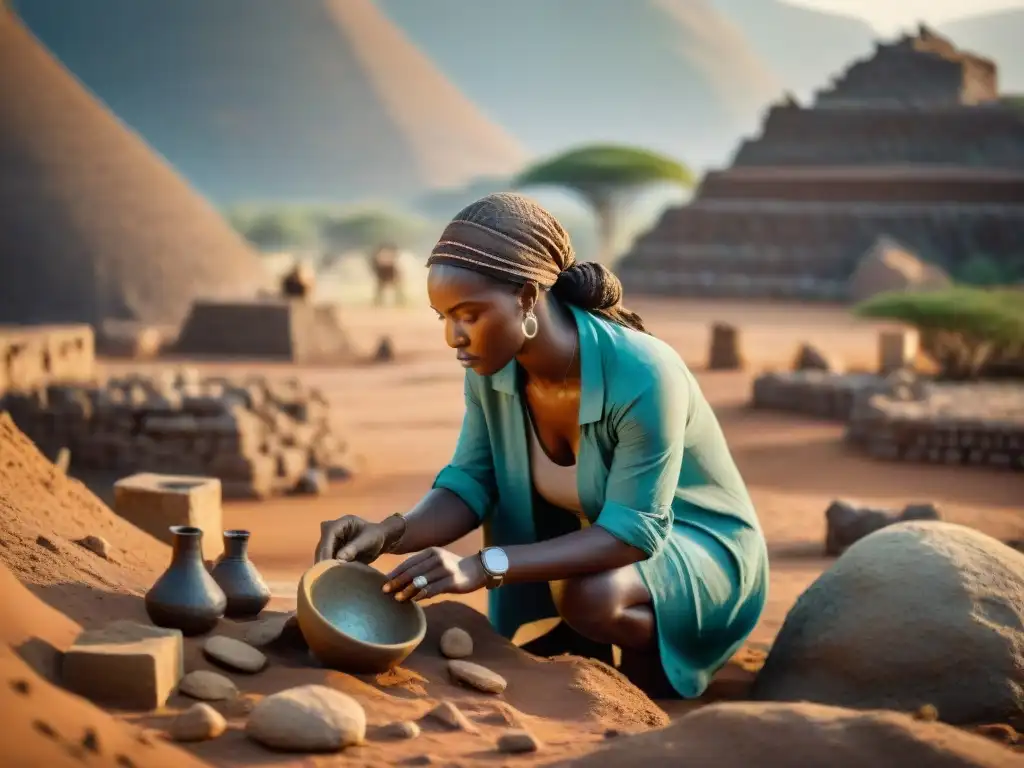 Una arqueóloga excavando con determinación en África, resaltando la influencia de mujeres en la arqueología de civilizaciones africanas