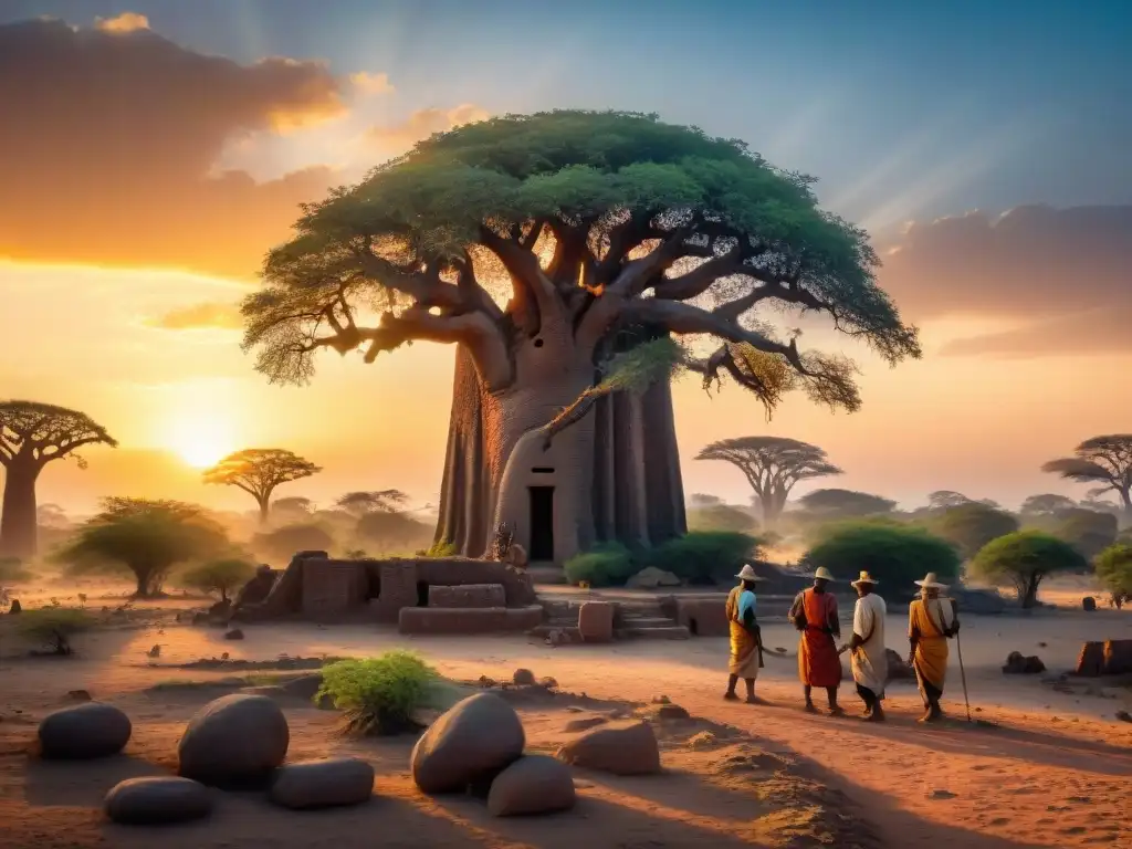 Exploración arqueológica al atardecer en África, revelando civilizaciones africanas influencia global
