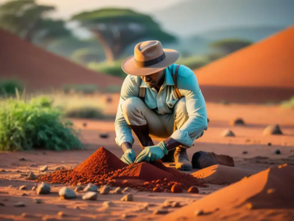 Un arqueólogo africano desenterrando artefactos antiguos en la sabana al atardecer