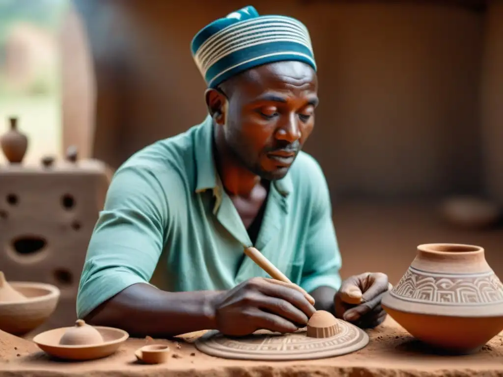 Arqueólogo excavando delicada cerámica africana, destacando patrones únicos, con cerámica como documento histórico