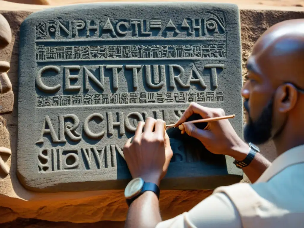 Un arqueólogo experto interpreta inscripciones antiguas africanas en una tableta de piedra erosionada