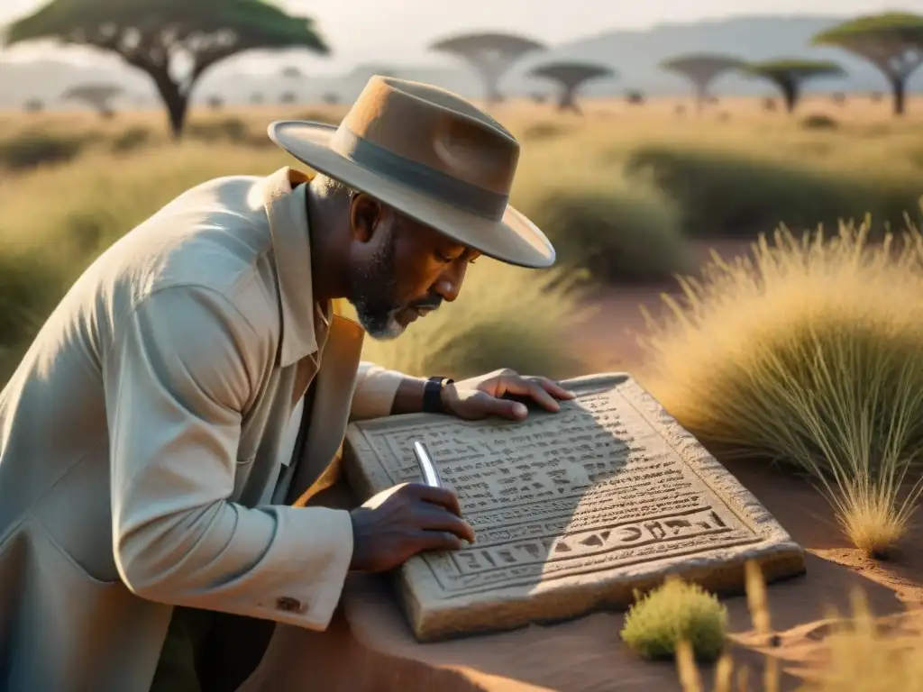 Un arqueólogo descifrando inscripciones en una piedra africana bajo el sol, rodeado de naturaleza