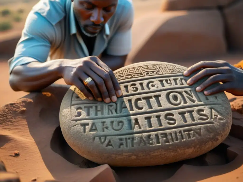 Un arqueólogo examina inscripciones en piedras de civilizaciones africanas, bajo la luz del atardecer