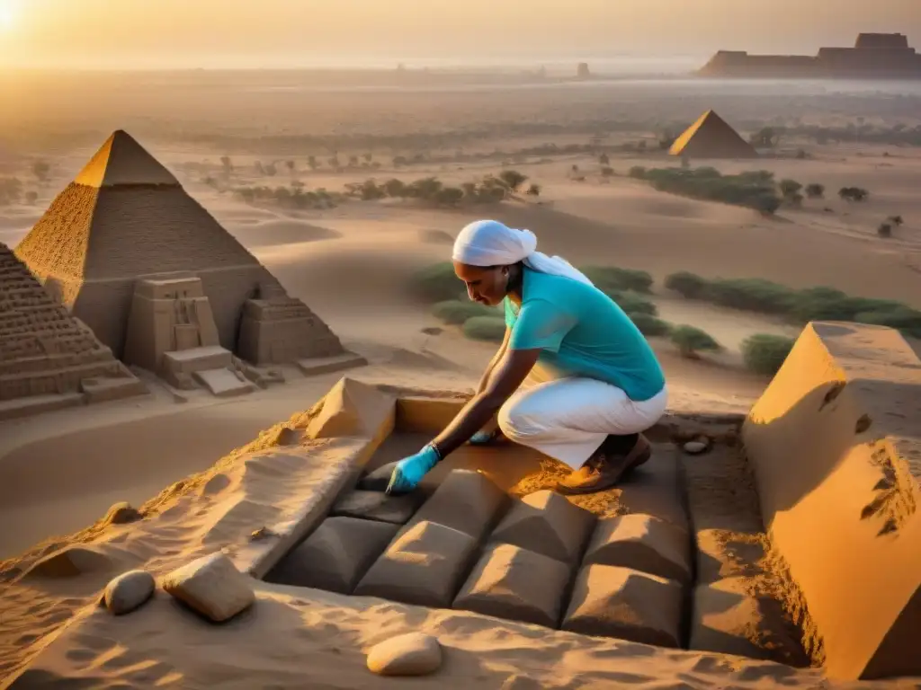 Un arqueólogo excavando una pirámide nubia al atardecer, revelando un mural antiguo