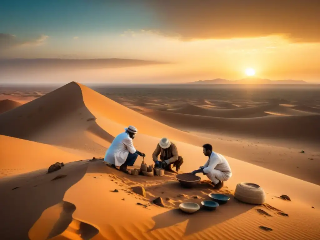 Arqueólogos excavando artefactos antiguos en el desierto del Sahara al atardecer