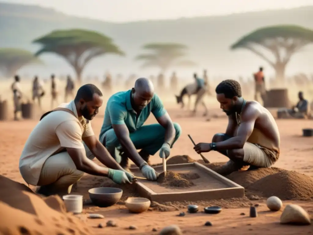 Arqueólogos descubriendo artefactos en excavación de historia africana bajo el sol ardiente