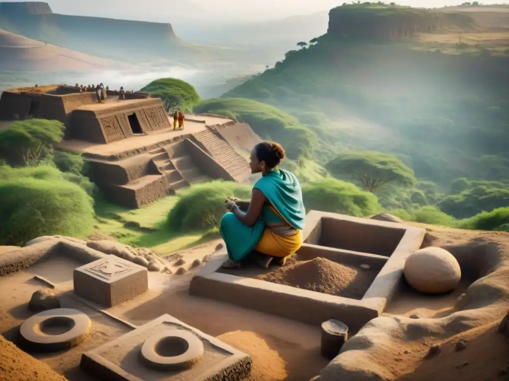 Arqueólogos desenterrando artefactos en ruinas antiguas de Aksum, Etiopía, revelando la historia de la civilización africana bajo el sol abrasador