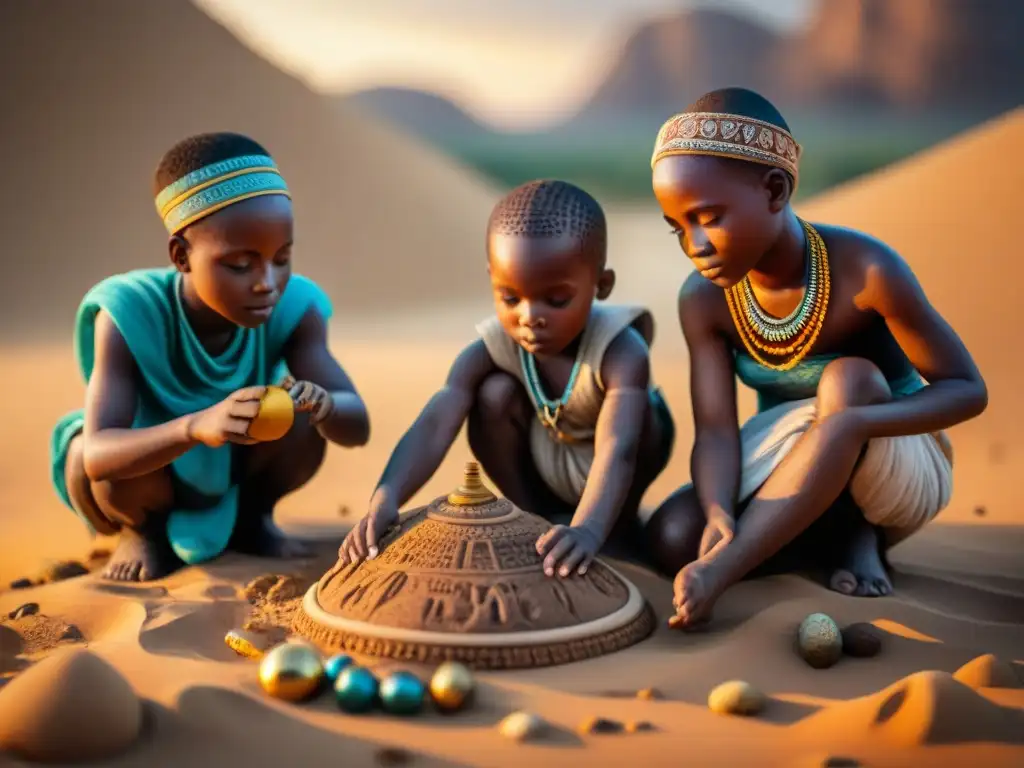 Arqueólogos descubriendo juguetes infantiles de civilizaciones africanas al atardecer