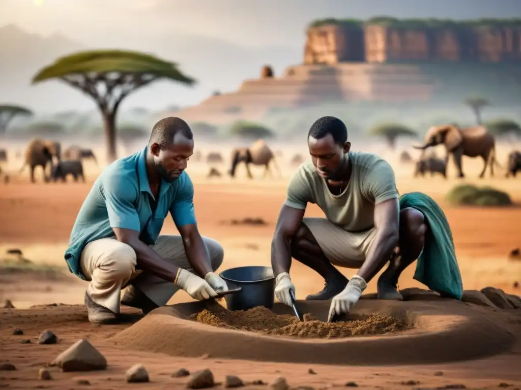 Arqueólogos meticulosos desenterrando artefactos antiguos en África bajo el sol abrasador, mostrando la Reconstrucción de la historia africana